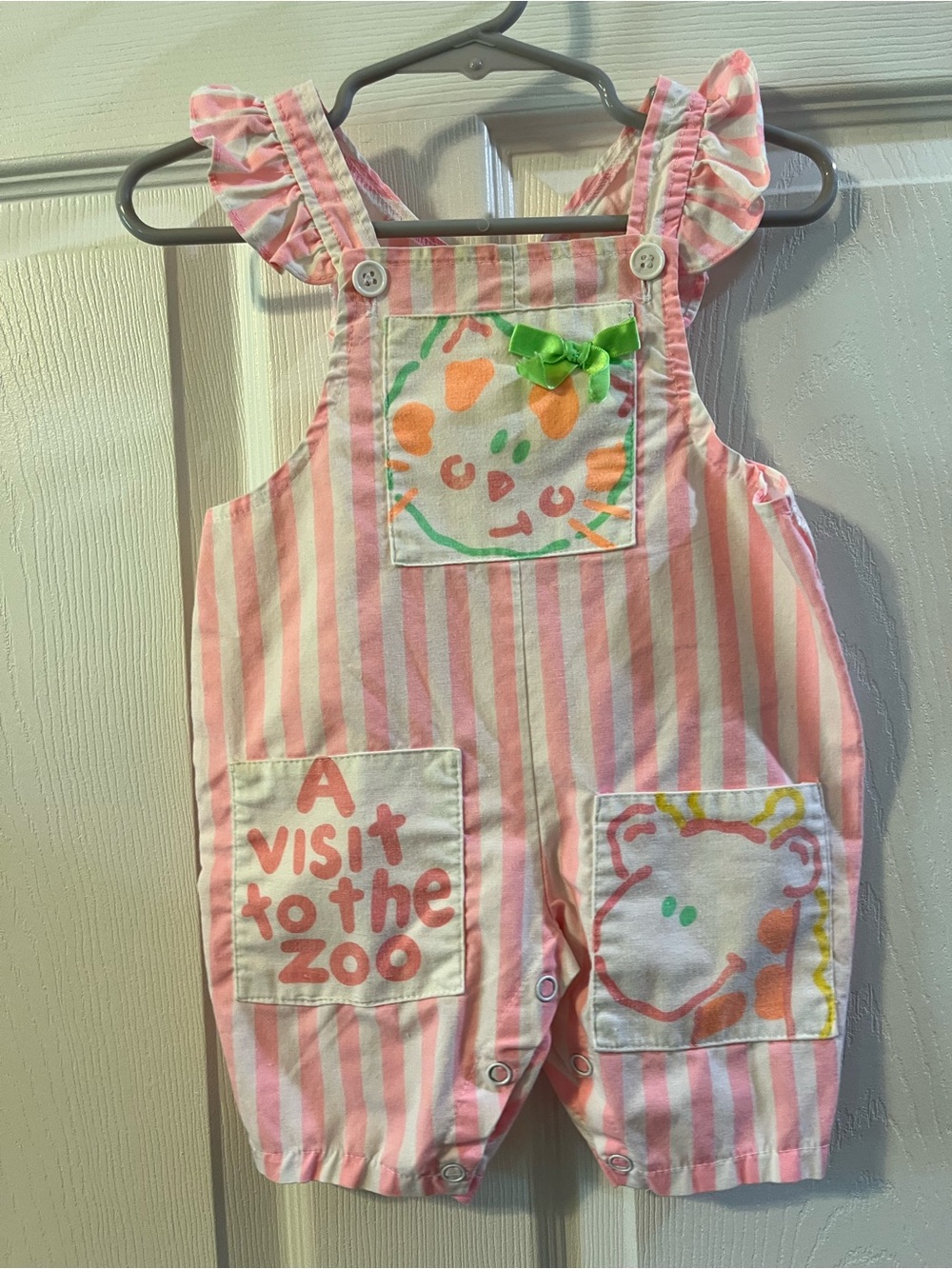 Vintage 90s Hopscotch Baby Overalls", Pink White Stripe Visit to the Zoo